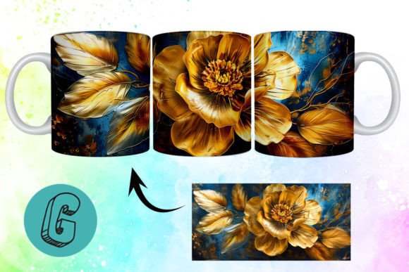 3D Oil Paint Gold Flower Mug Wrap 04: A Versatile Digital Download for Creative DIY Enthusiasts
