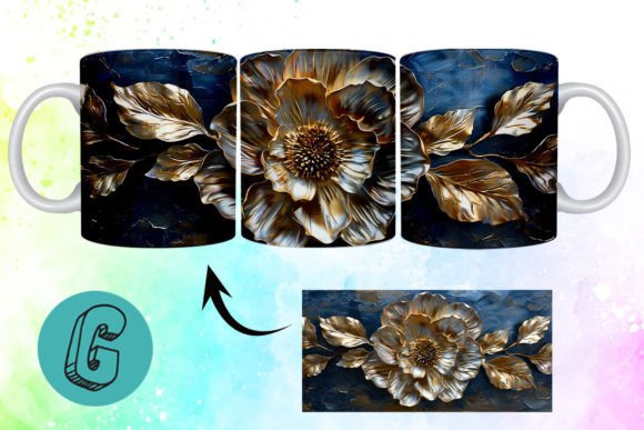 3D Oil Paint Gold Flower Mug Wrap Design