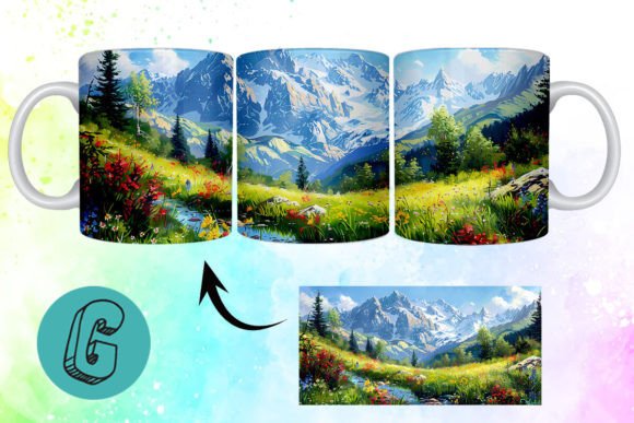 3D Oil Paint Mountain Mug Wrap 03: A High-Quality Digital Asset for Creative DIY Projects